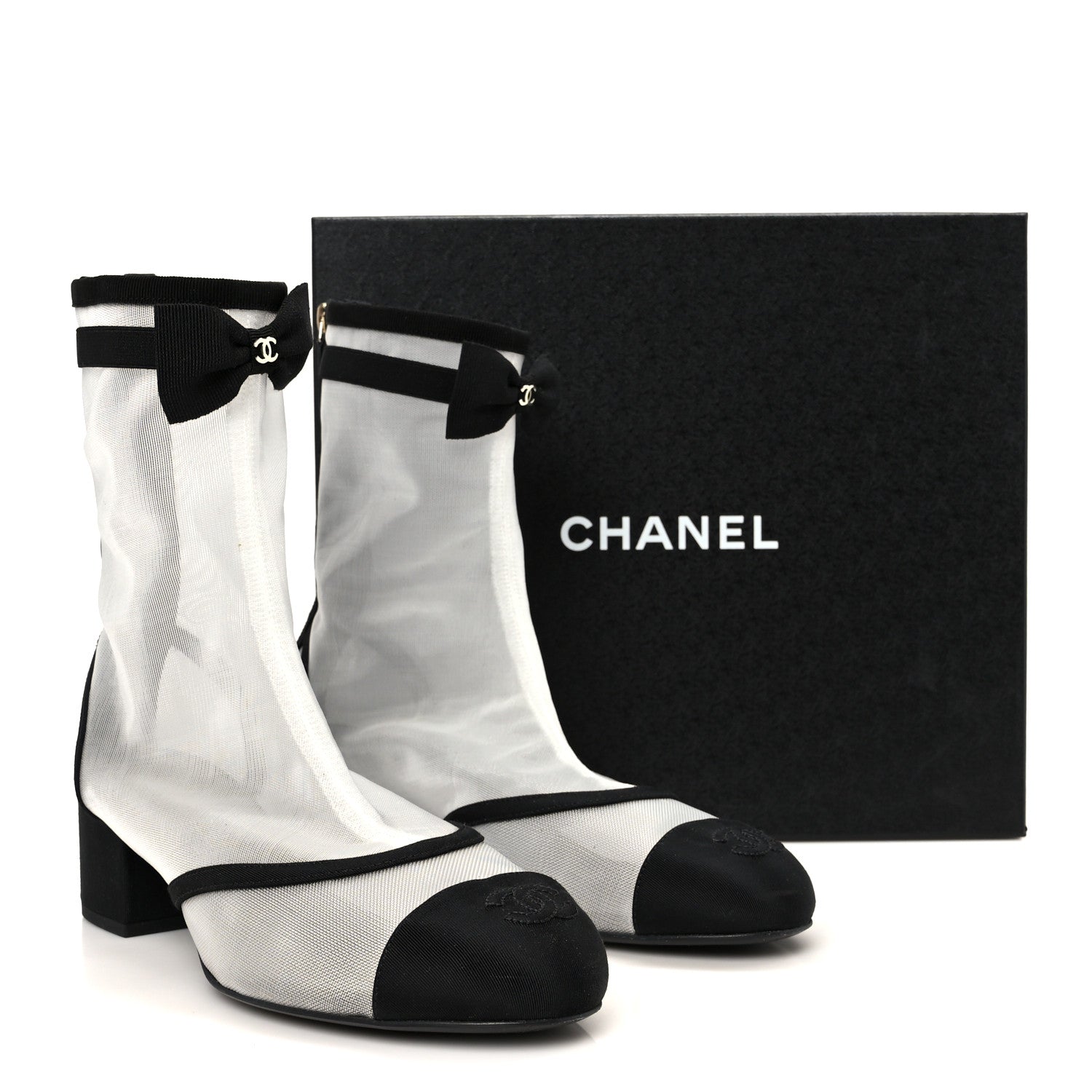 Mesh Grosgrain CC Cap Toe Ankle Boots 40 White Black