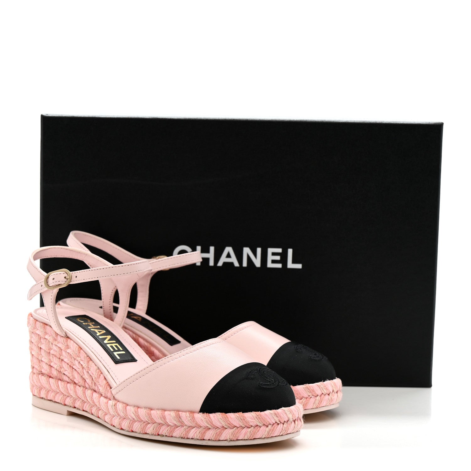 Lambskin Grosgrain CC Espadrilles Wedges 35 Pink Black