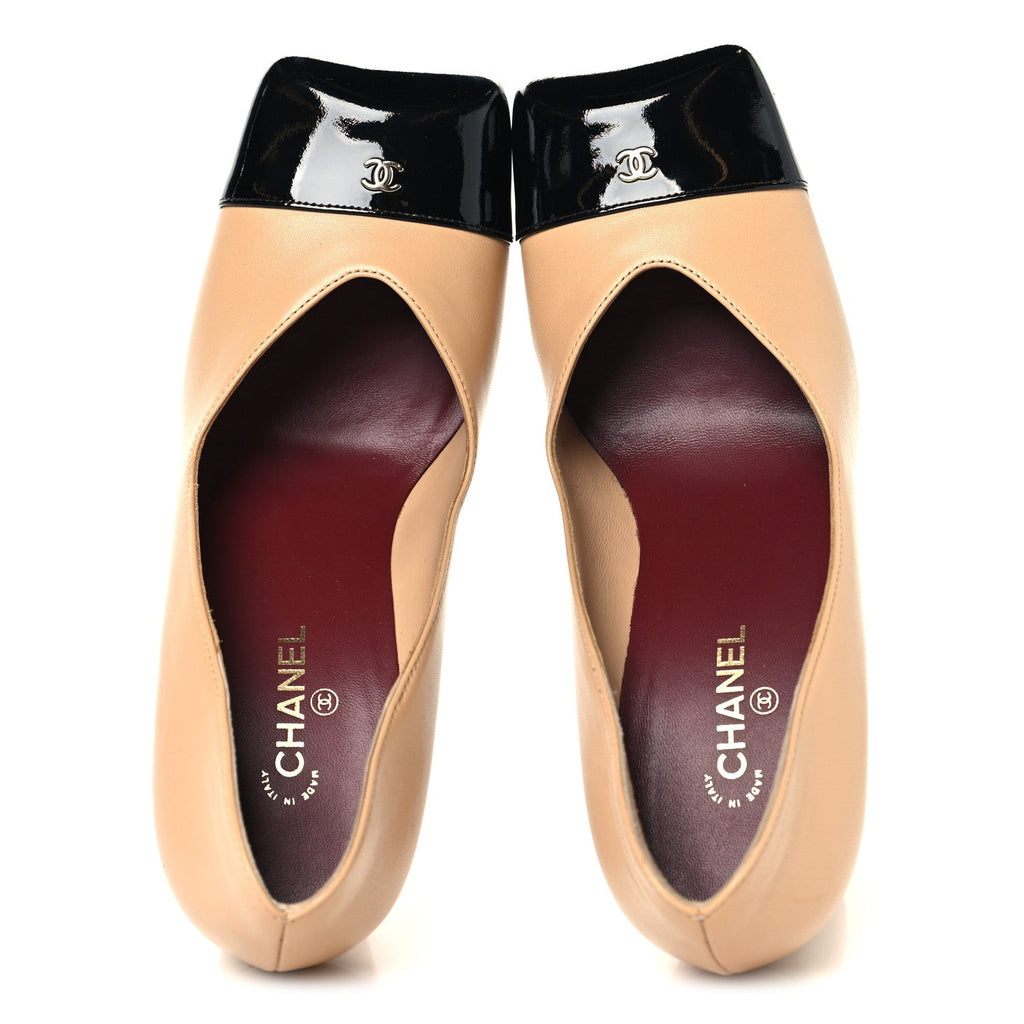 Lambskin Patent Calfskin Cap Toe Pumps 37 Beige Black
