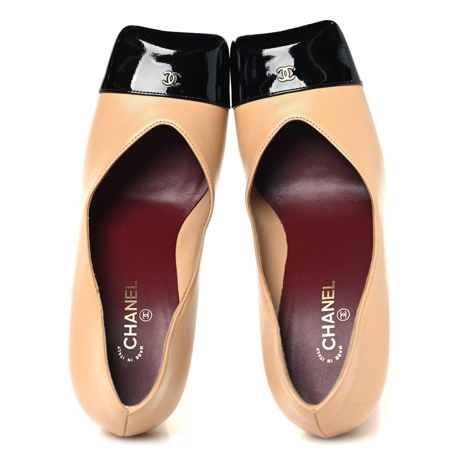 Lambskin Patent Calfskin Cap Toe Pumps 37 Beige Black