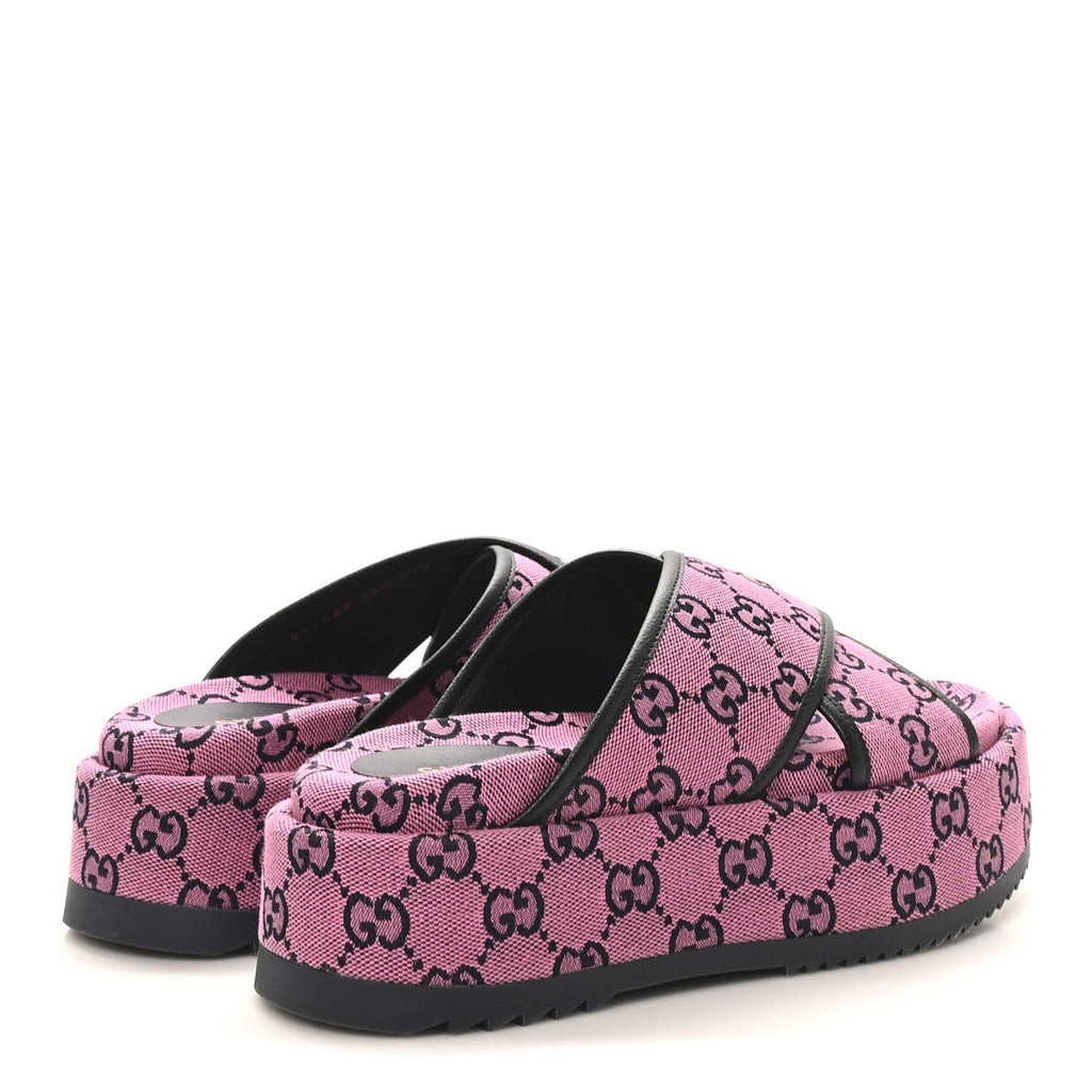 Gucci Monogram Multicolor Criss Cross Platform Slide Sandals 36.5 Pink Blue