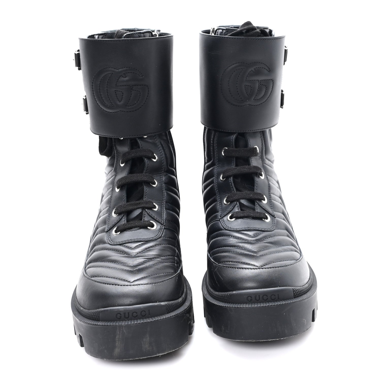 Gucci Nappa Frances GG Matelasse Platform Combat Boots 39 Black