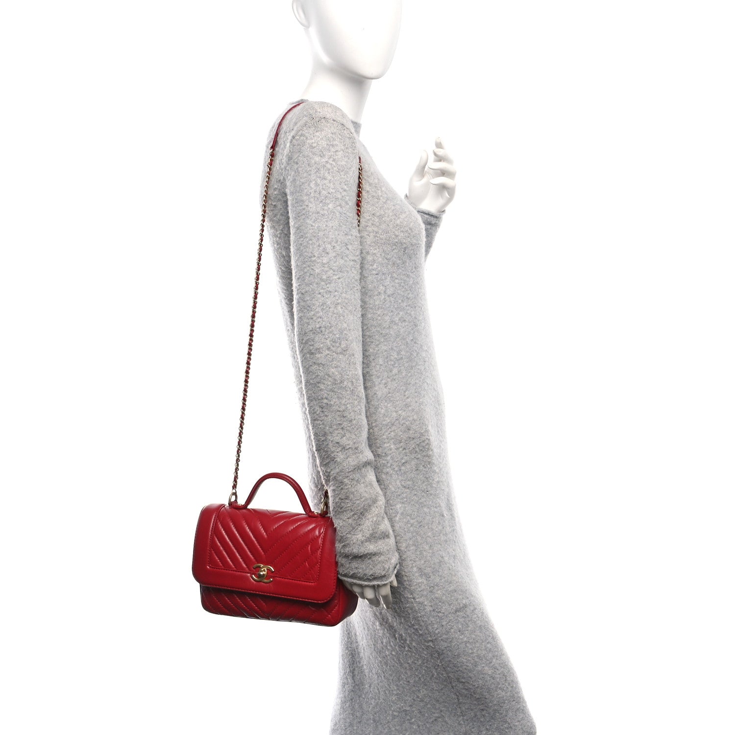 Chanel Calfskin Chevron Quilted Top Handle Flap Red