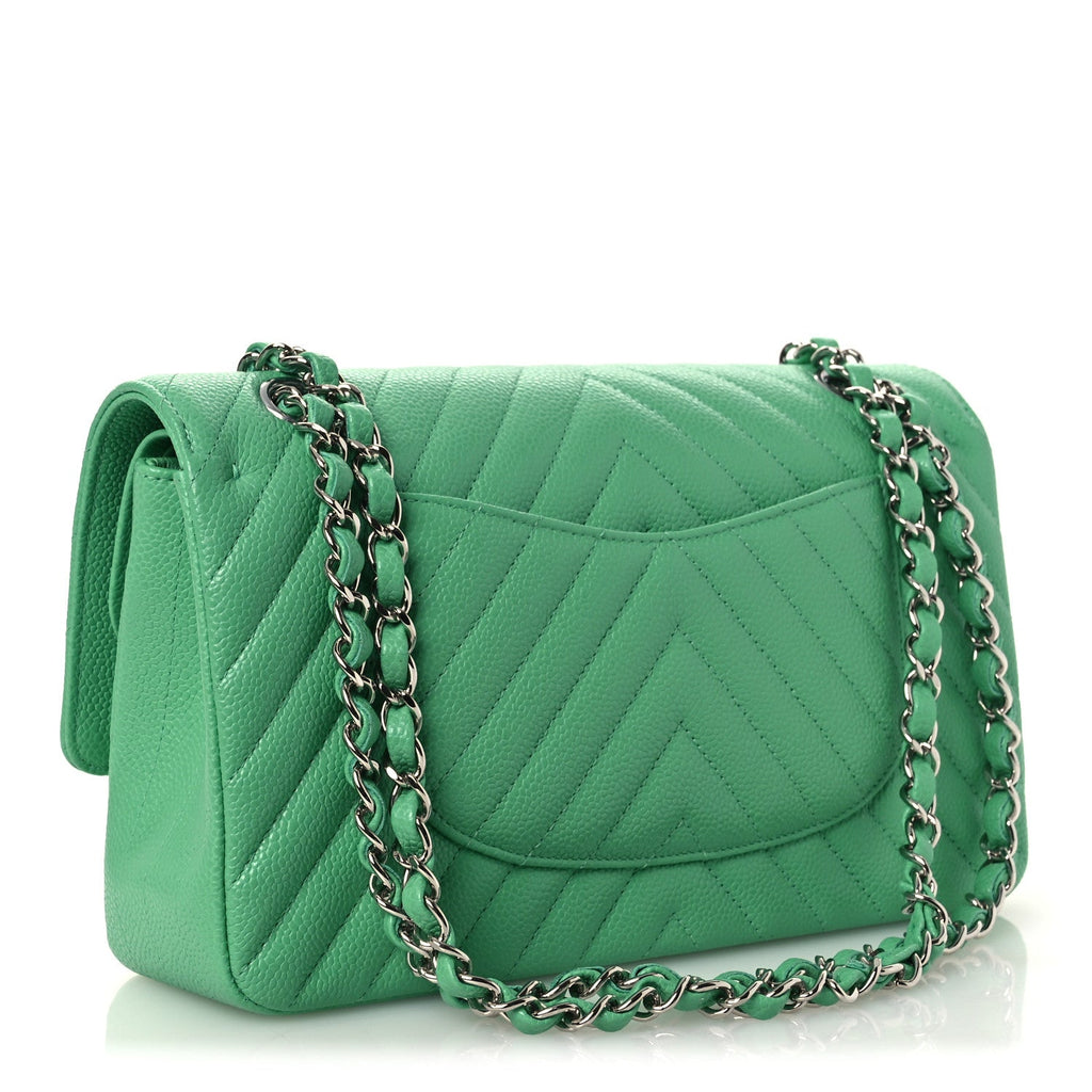 Chanel Caviar Chevron Quilted Medium Double Flap Green