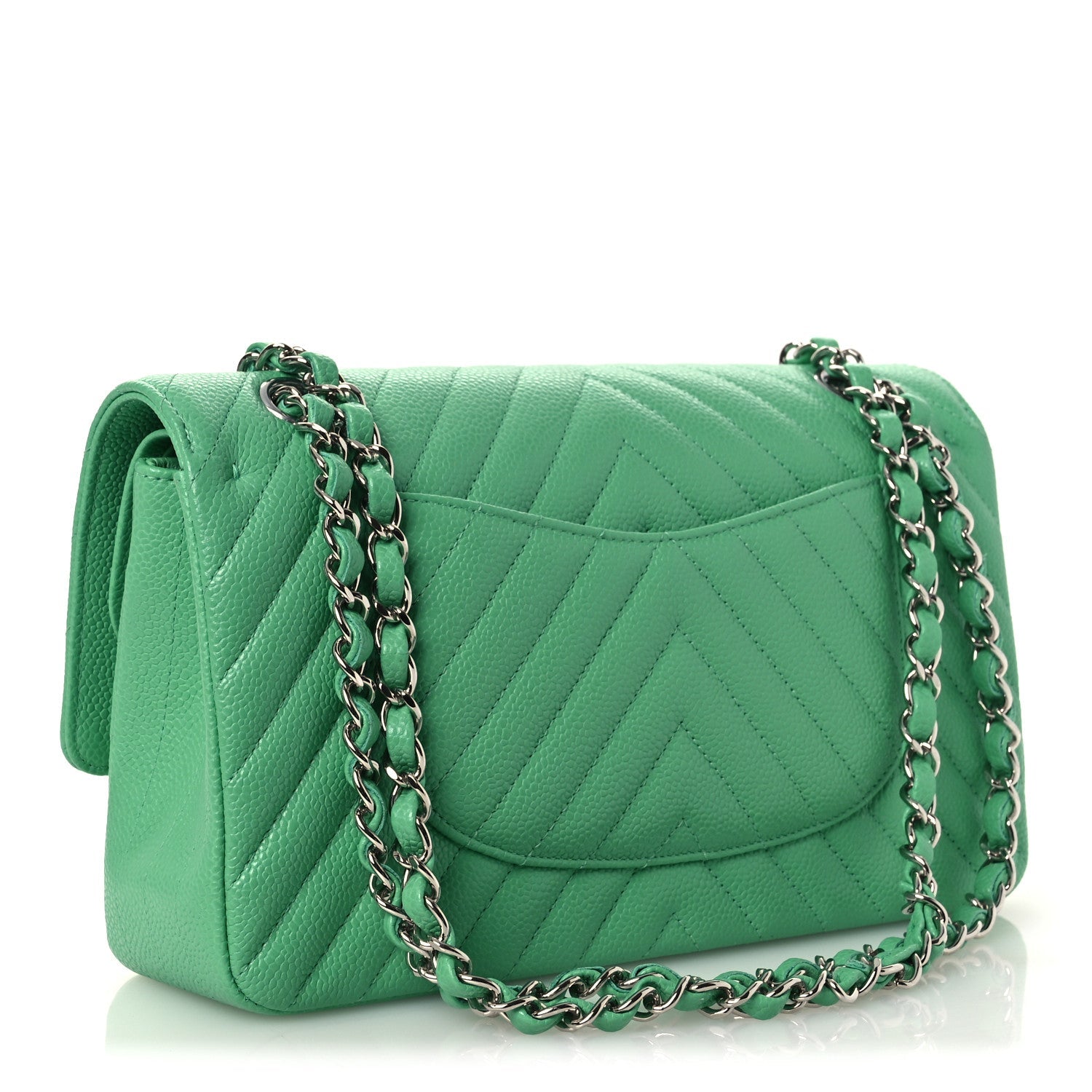 Chanel Caviar Chevron Quilted Medium Double Flap Green