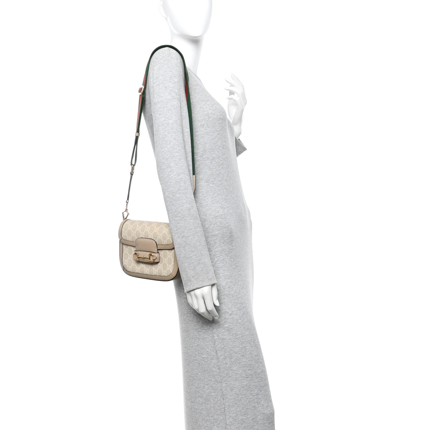 Gucci GG Supreme Monogram Textured Dollar Calfskin Web Mini Horsebit 1955 Shoulder Bag Beige Mystic White Oatmeal