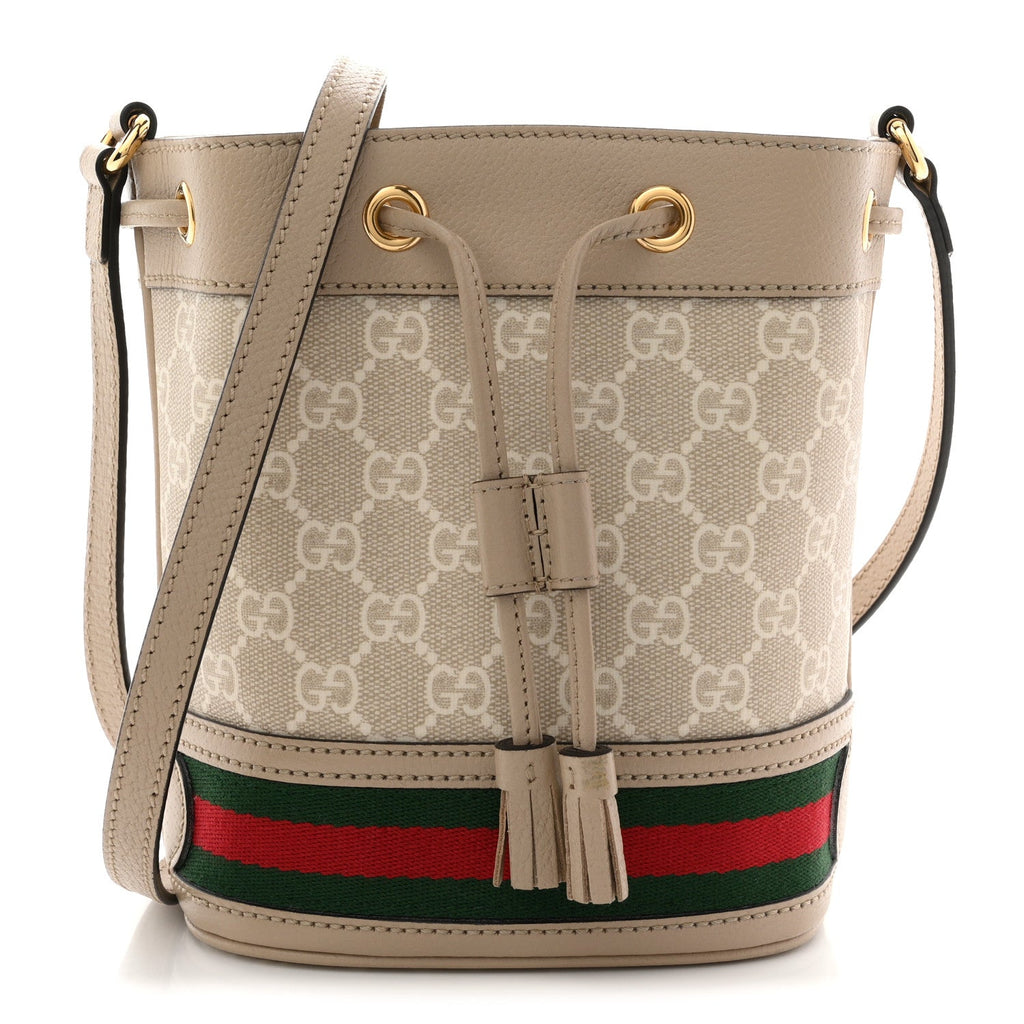 Gucci GG Supreme Monogram Textured Calfskin Web Mini Ophidia Bucket Bag Beige Ebony Mystic White Oatmeal