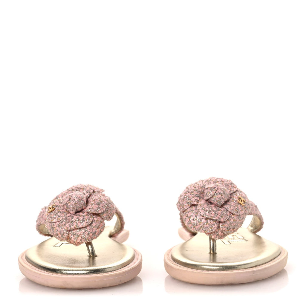 Chanel Tweed Camellia Thong Sandals 37.5 Salmon Apricot Gold