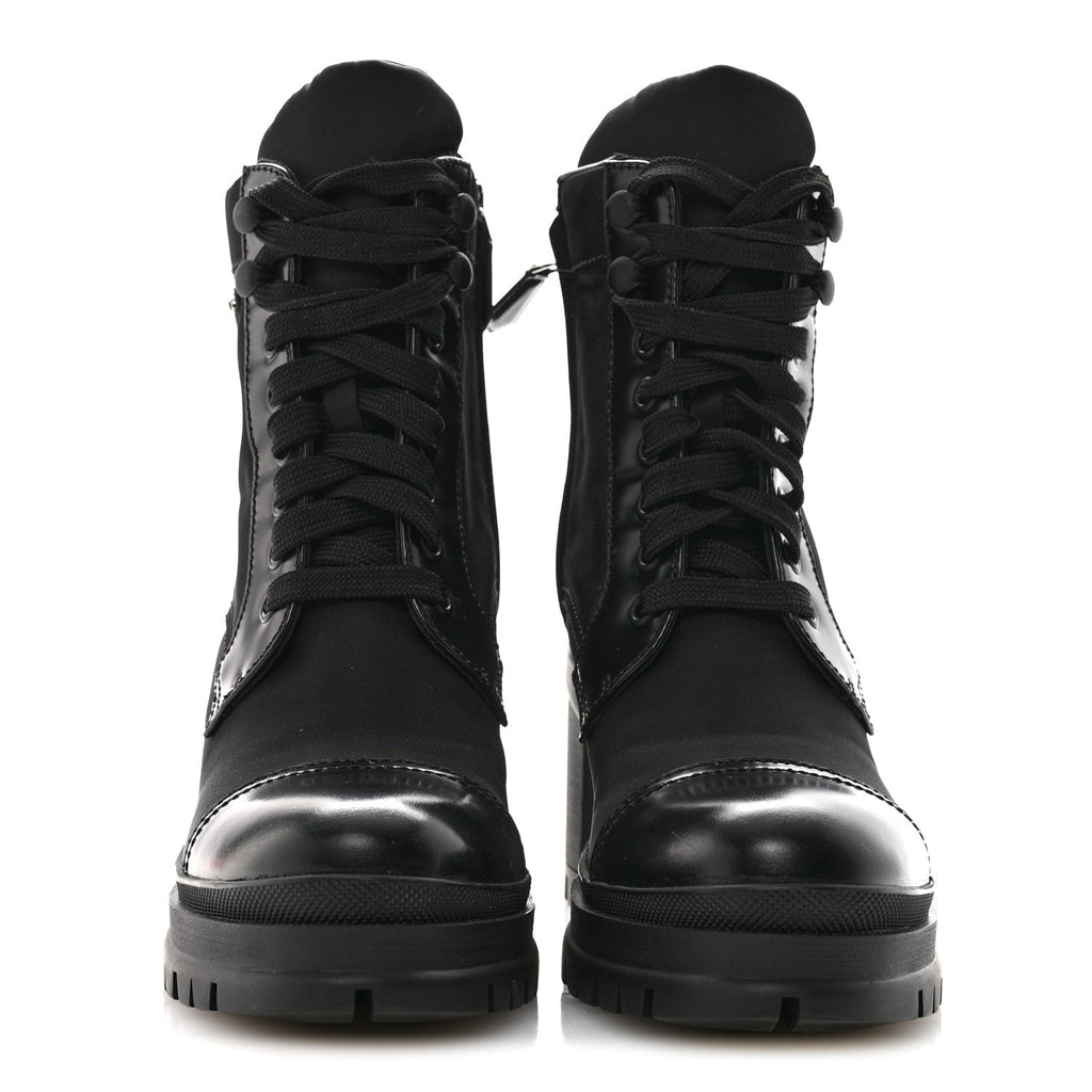 Prada Spazzolato Re-Nylon Metal Triangle Logo Lace Up 85mm Ankle Boots 36 Black