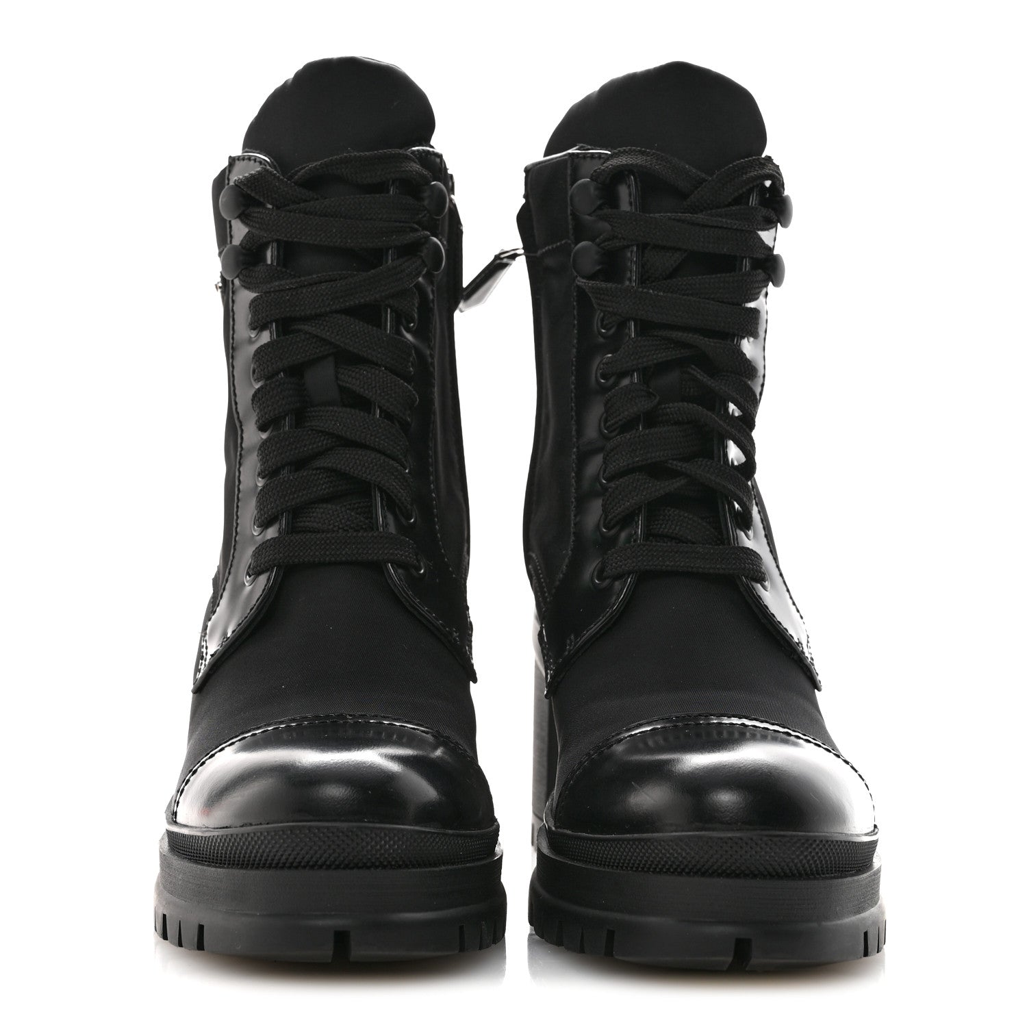 Prada Spazzolato Re-Nylon Metal Triangle Logo Lace Up 85mm Ankle Boots 36 Black