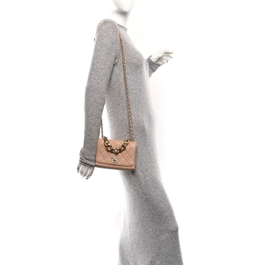 Chanel Calfskin Quilted Pearl Jewel Chain Flap Beige