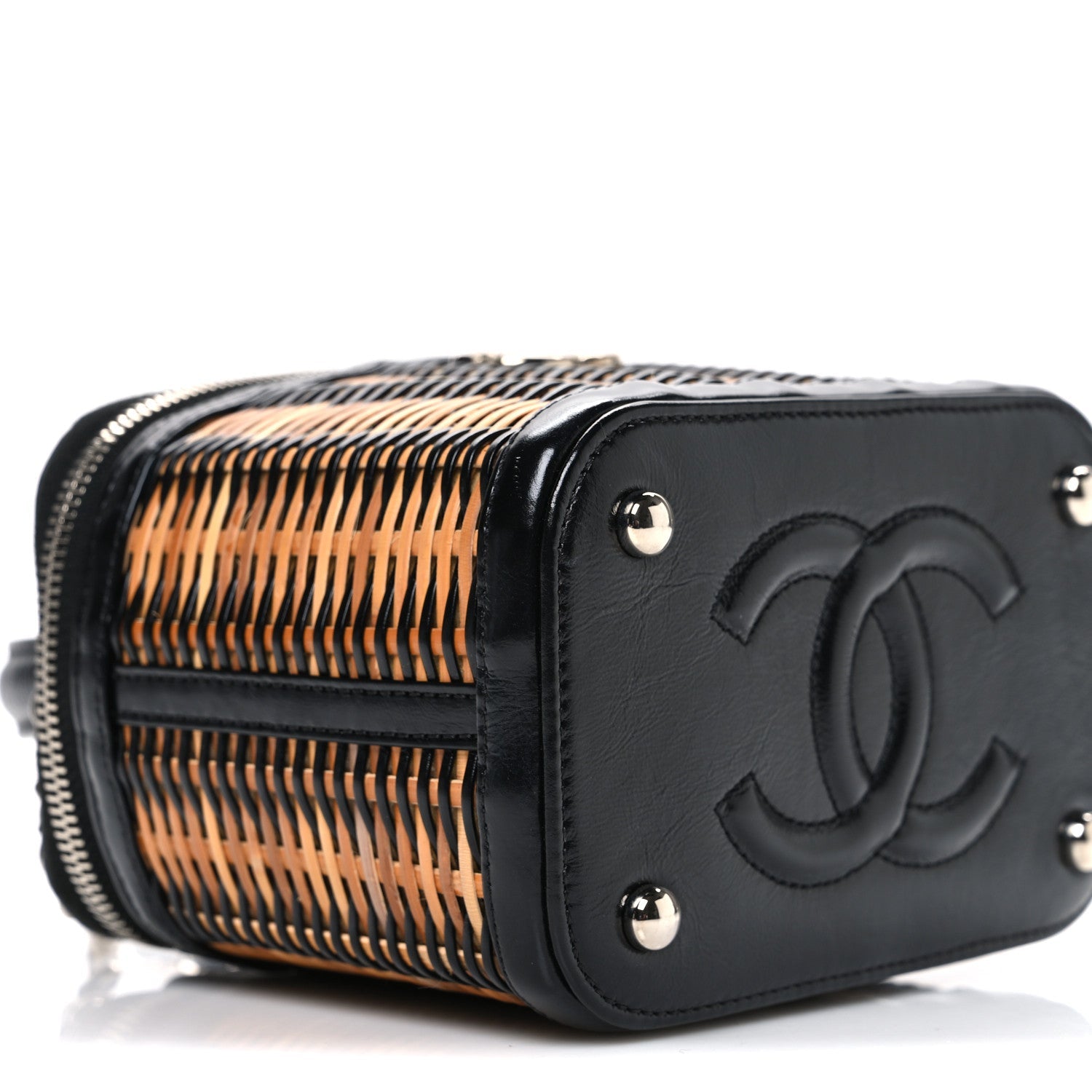 Chanel Calfskin Raffia Small Vanity Case Bag Black Beige