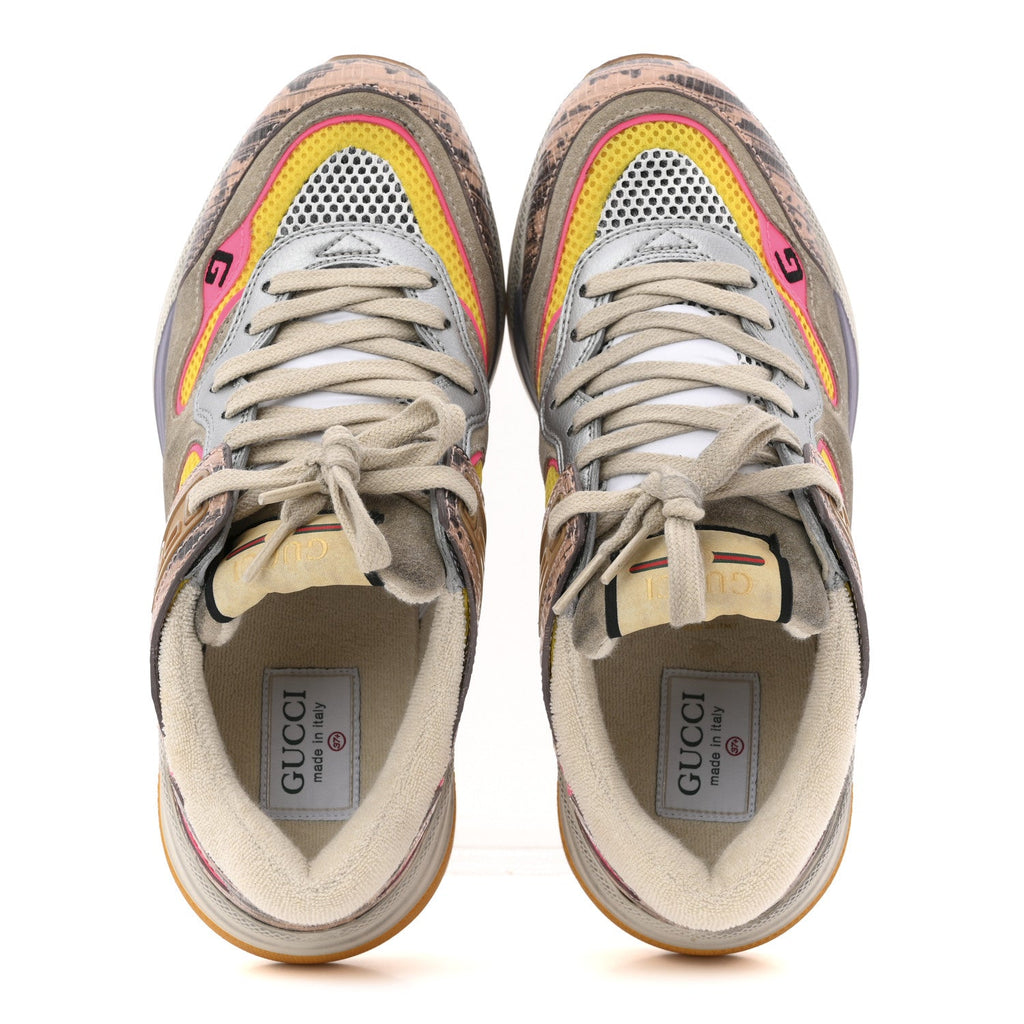 Gucci Suede Calfskin Tejus Printed Womens Ultrapace Sneakers 37.5 Pink Silver Oatmeal Yolk