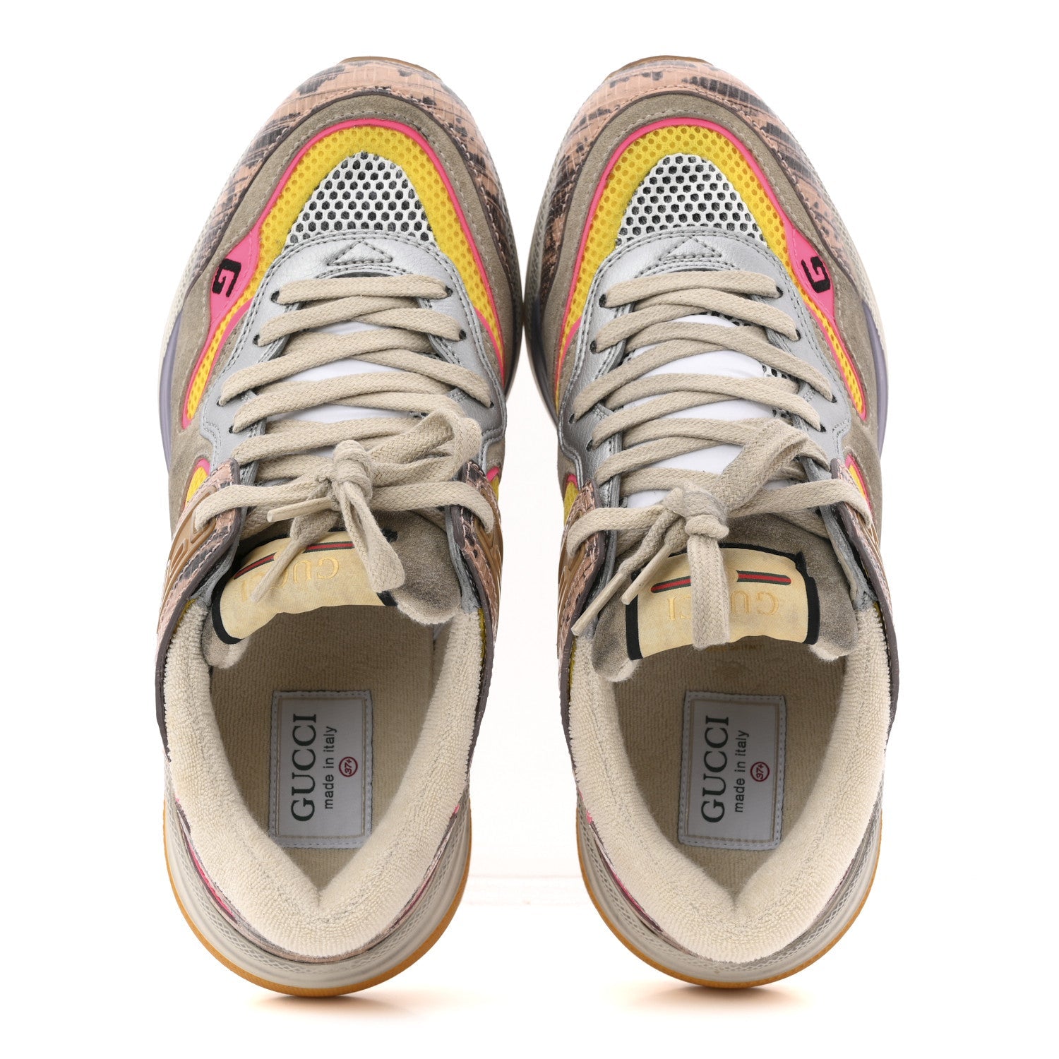 Gucci Suede Calfskin Tejus Printed Womens Ultrapace Sneakers 37.5 Pink Silver Oatmeal Yolk