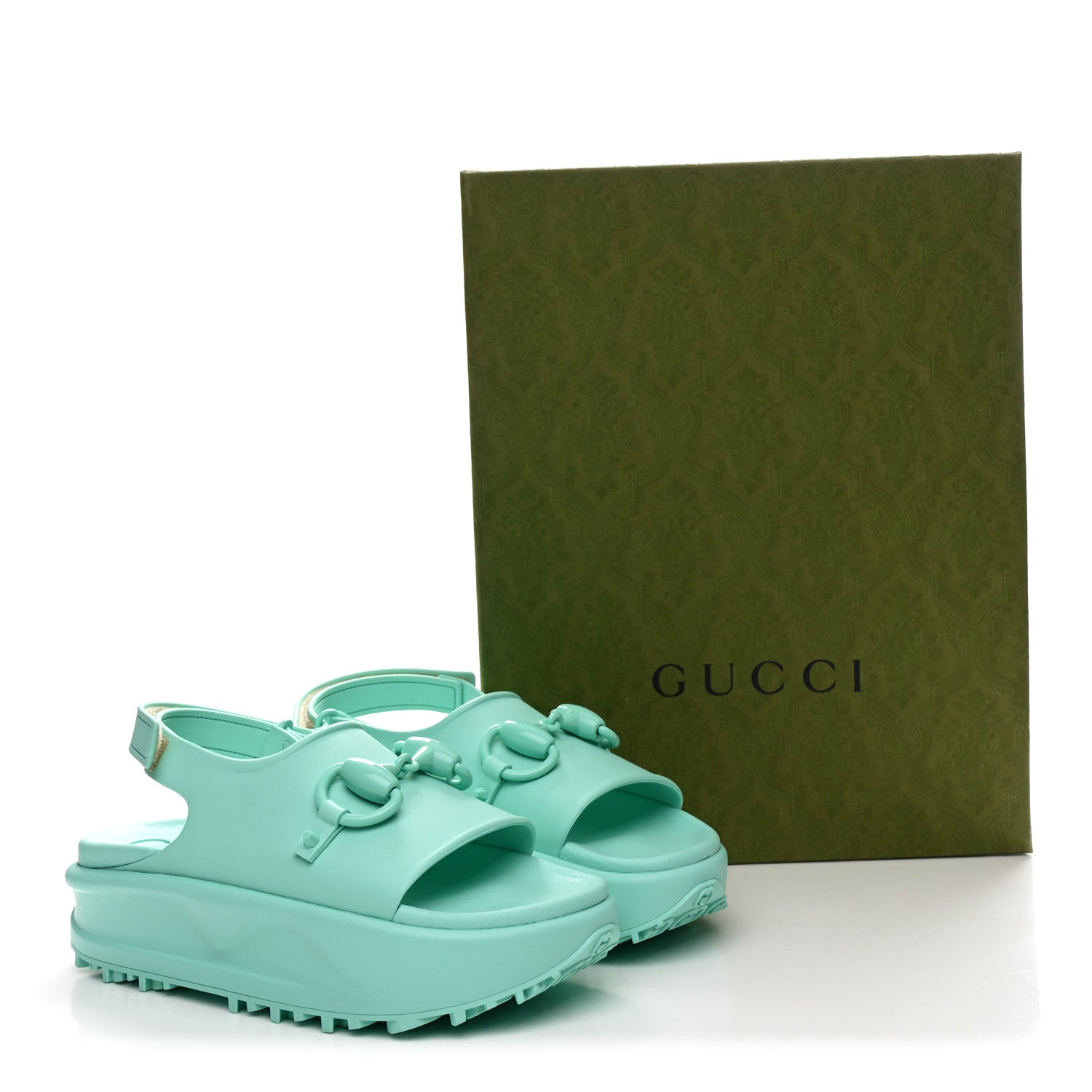 Gucci Soft Rubber Horsebit Womens Slingback Sandals 37 Teal Cyan