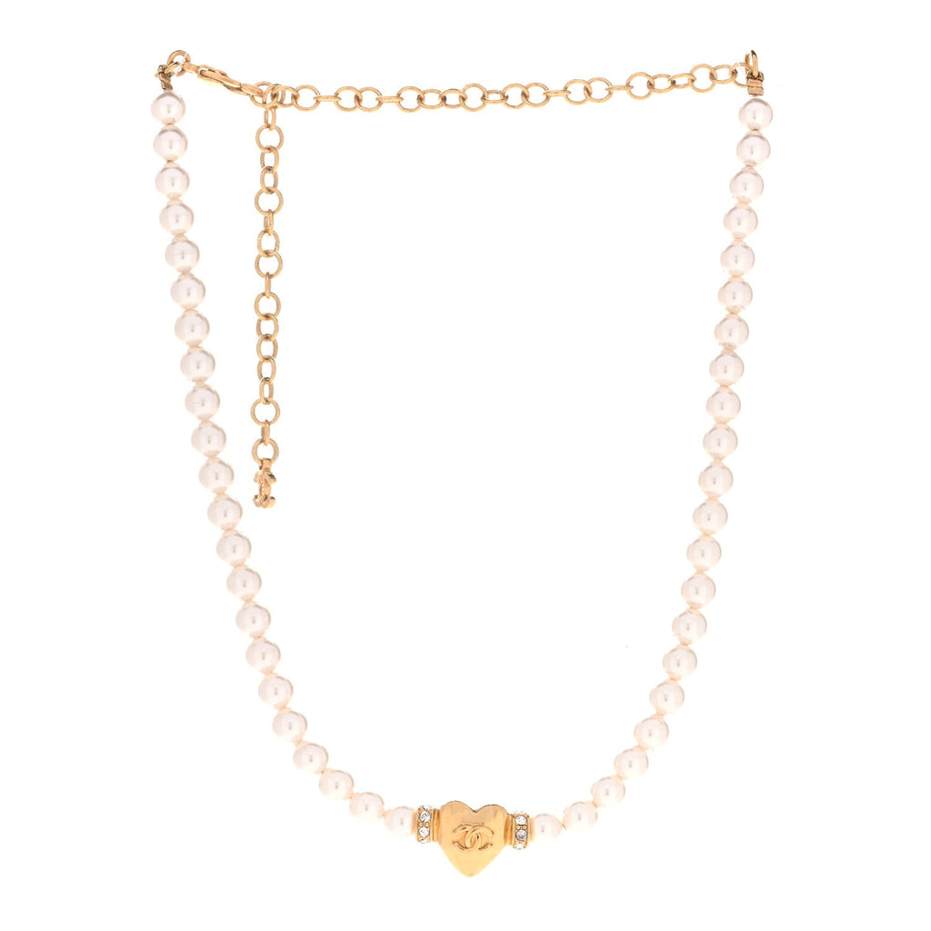 Crystal Pearl CC Heart Choker Necklace Gold