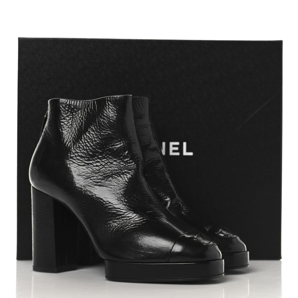 Crumpled Calfskin Cap Toe CC Ankle Boots 35.5 Black