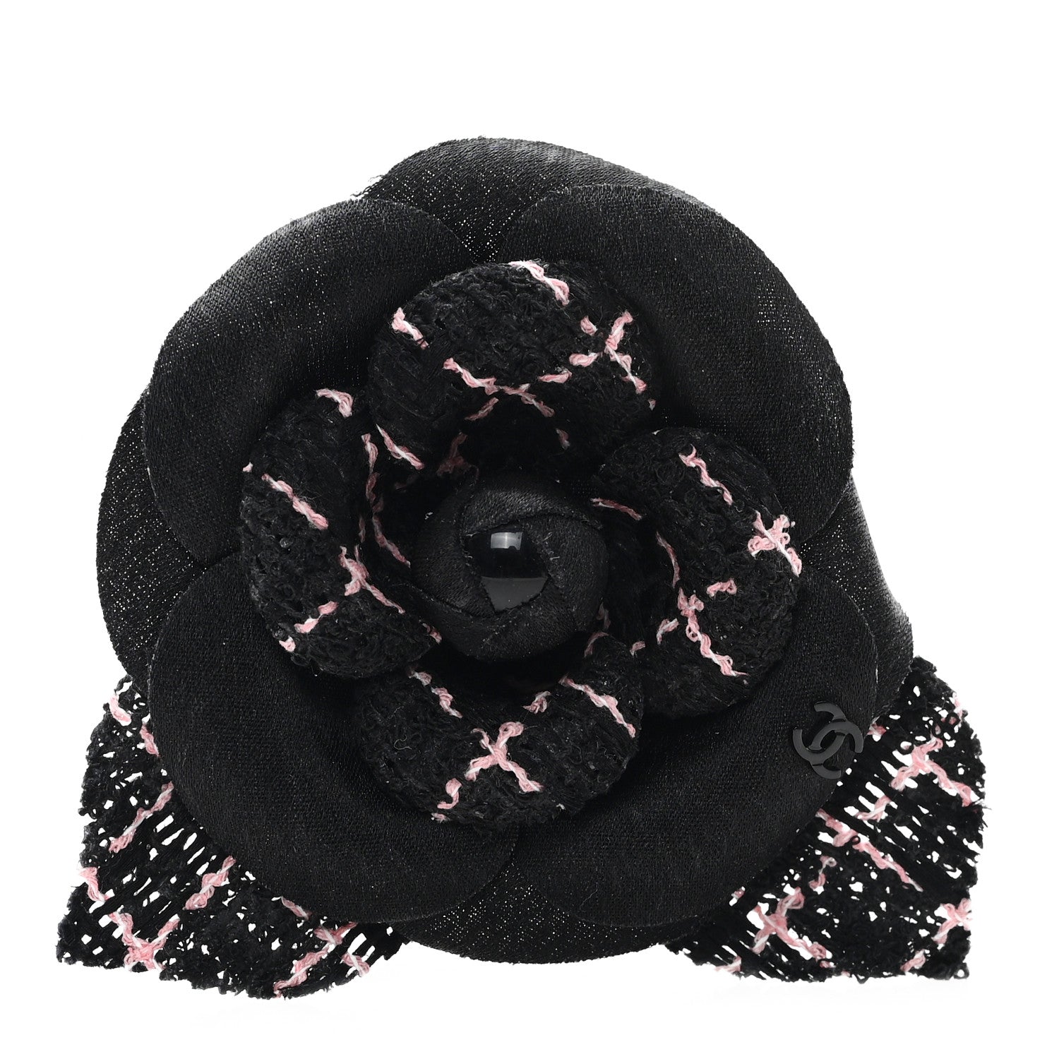 Chanel Tweed Fabric Camellia Pin Brooch Black Pink