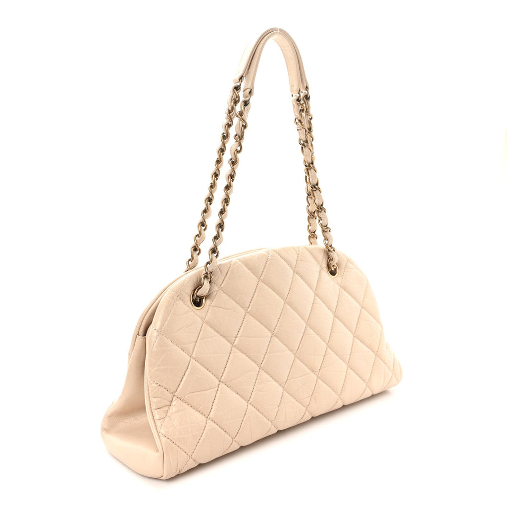 Chanel Aged Calfskin Quilted Medium Just Mademoiselle Bowling Bag Beige