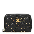 Lambskin Studded Quilted Compact Zip Around Wallet Black