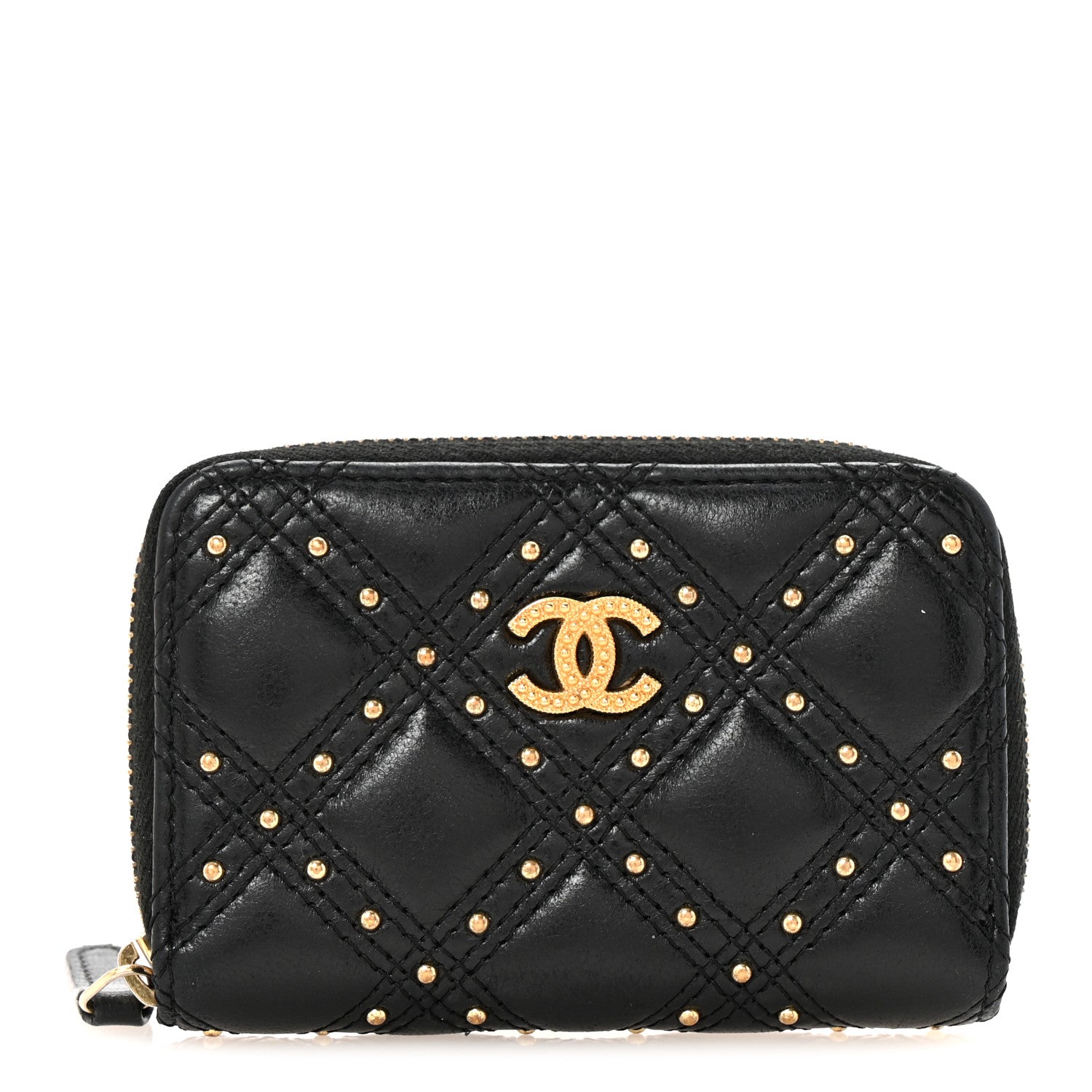 Lambskin Studded Quilted Compact Zip Around Wallet Black