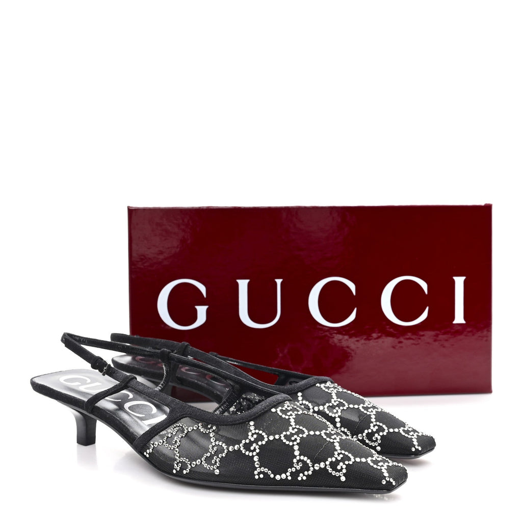 Gucci Tela Retino Kid Scamosciato Crystal GG Monogram Square G 35mm Slingback Pumps 39.5 Black