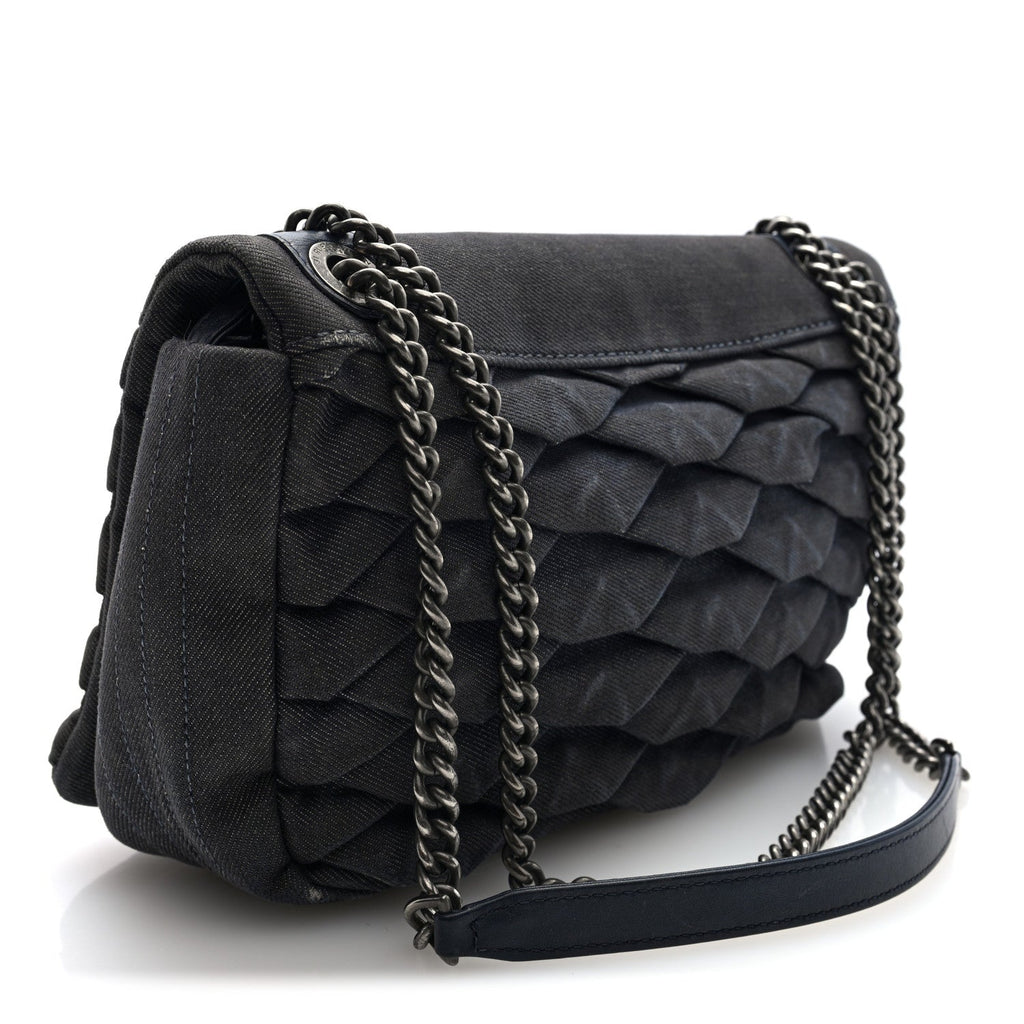 Chanel Denim Pleated Denim Turtle Flap Dark Blue