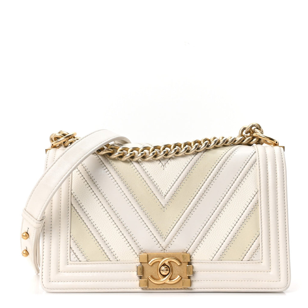 Chanel Caviar Calfskin Chevron Medium Boy Flap White