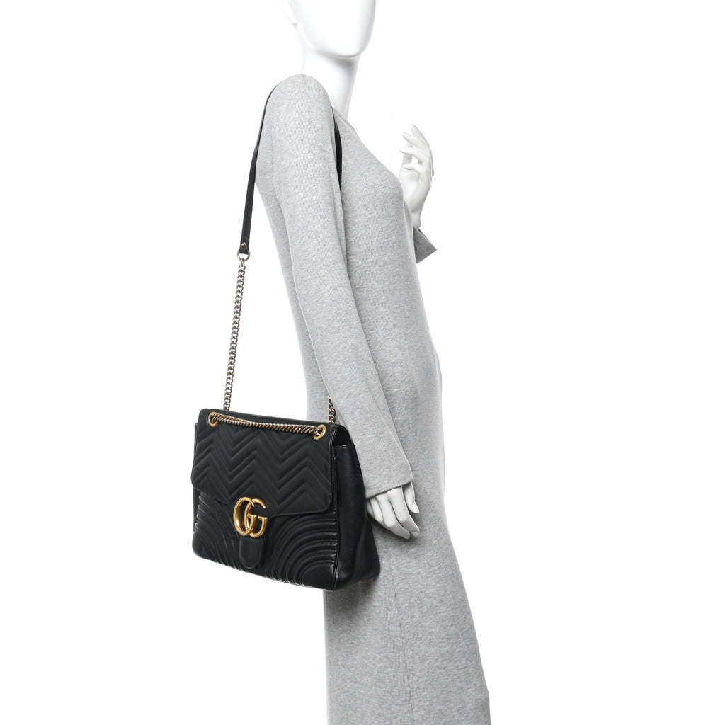 Gucci Calfskin Matelasse Large GG Marmont Shoulder Bag Black
