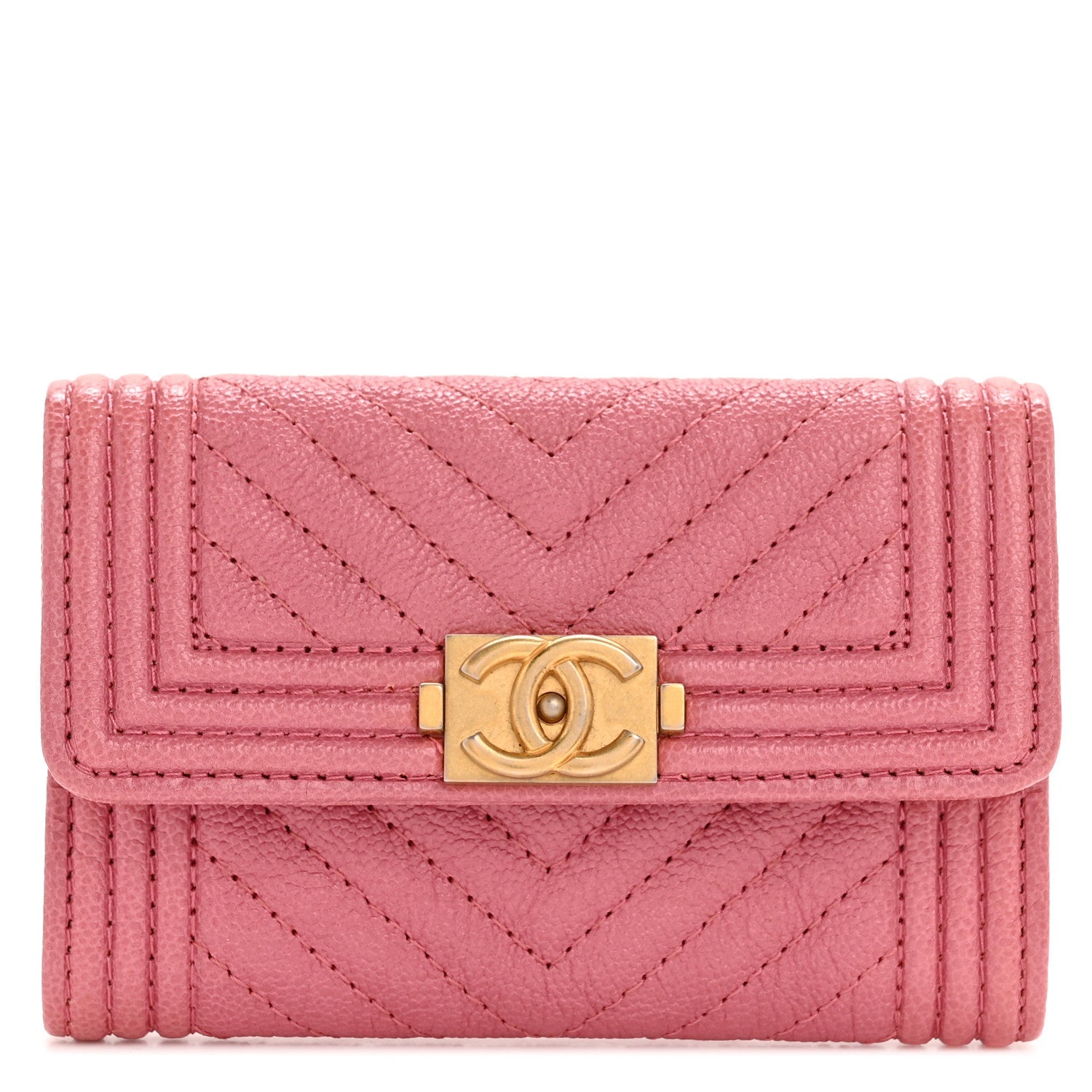 Caviar Chevron Quilted Boy Flap Card Holder Wallet Pink