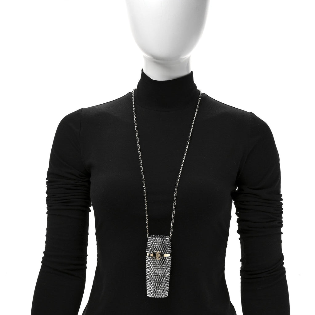 Chanel Metal Resin Lambskin Crystal Lipstick Case Long Necklace On Chain Silver Black Gold