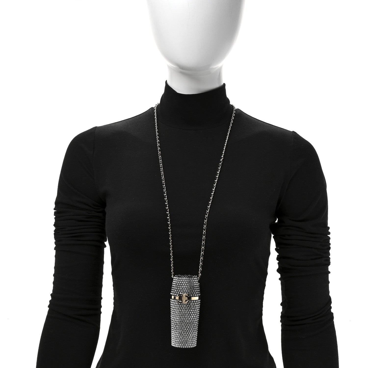 Chanel Metal Resin Lambskin Crystal Lipstick Case Long Necklace On Chain Silver Black Gold