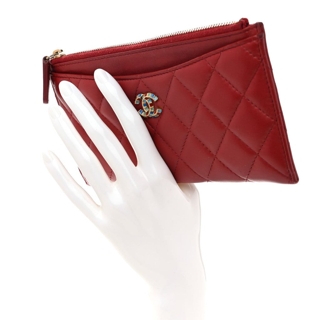 Lambskin Enamel Quilted Classic Zip Pouch Red