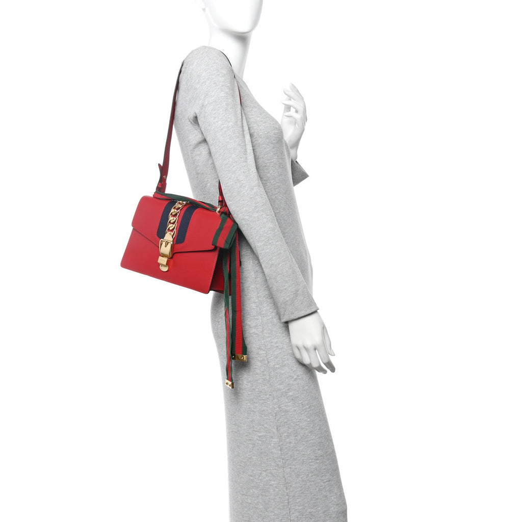 Gucci Calfskin Small Sylvie Shoulder Bag Hibiscus Red