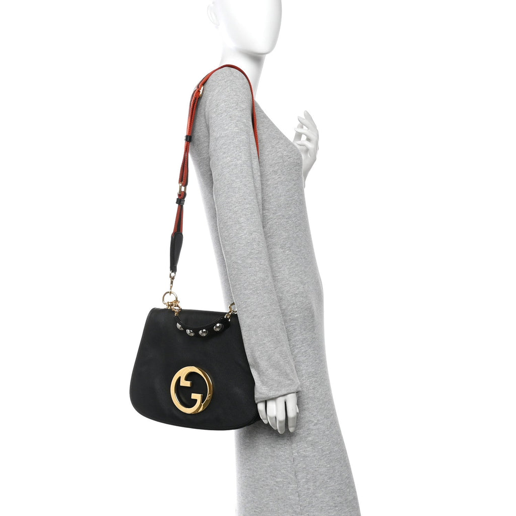 Gucci Roxy Calfskin Web Medium Studded Blondie Shoulder Flap Bag Black