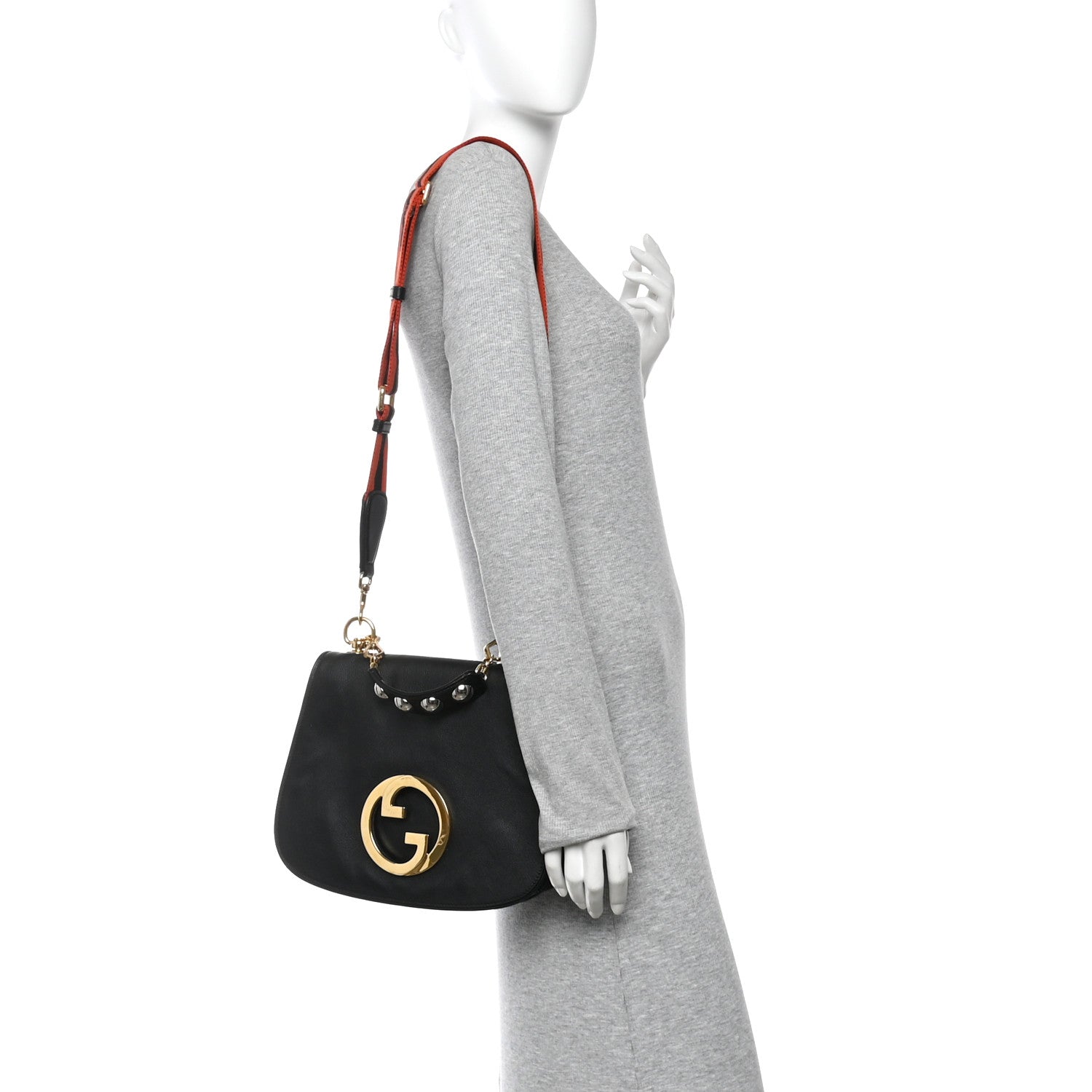 Gucci Roxy Calfskin Web Medium Studded Blondie Shoulder Flap Bag Black