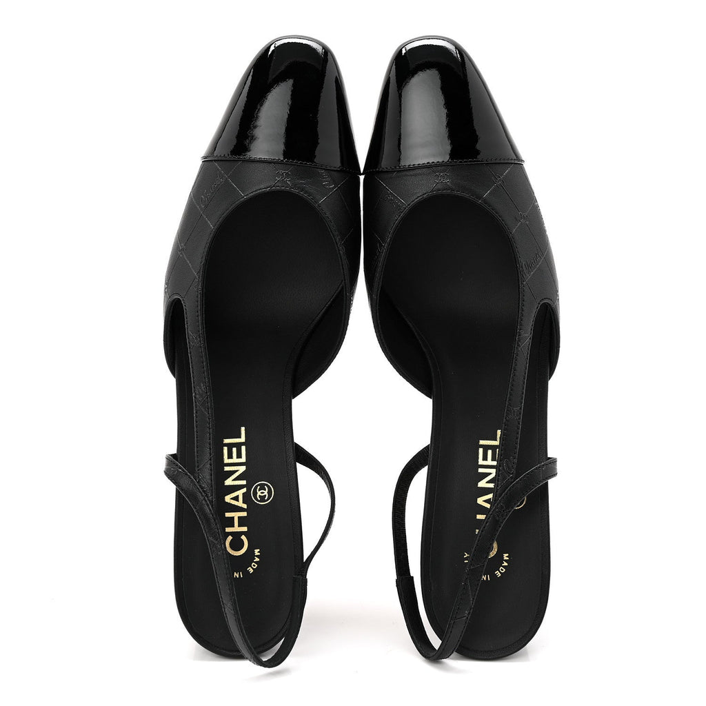 Lambskin Patent Calfskin Quilted Cap Toe Coco CC Slingback Pumps 41 Black
