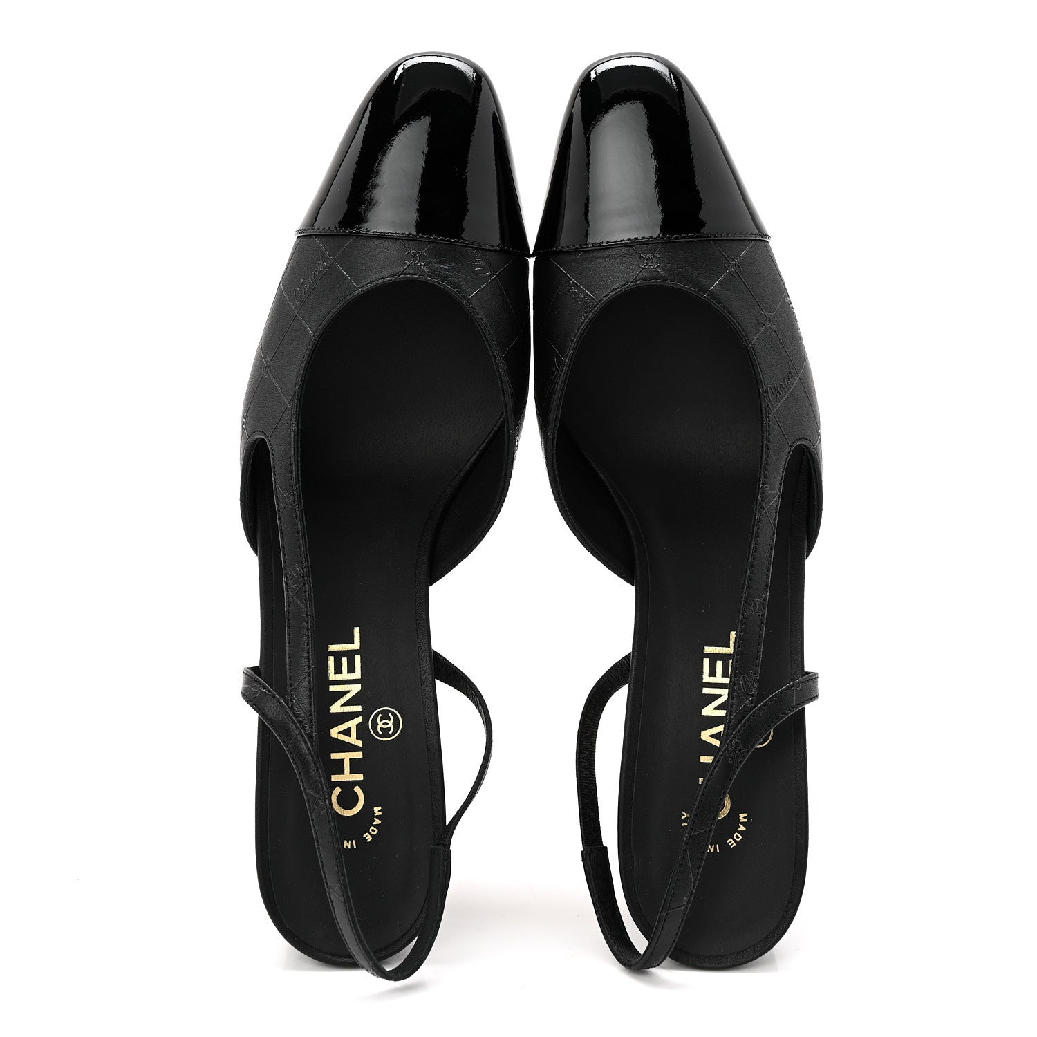 Lambskin Patent Calfskin Quilted Cap Toe Coco CC Slingback Pumps 41 Black