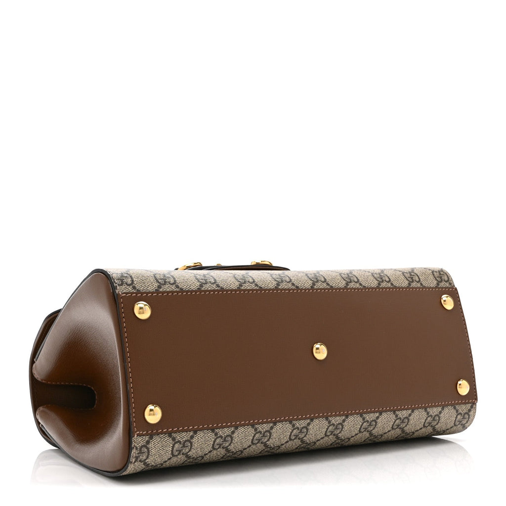 Gucci GG Supreme Monogram Calfskin Medium Horsebit 1955 Top Handle Bag Beige Ebony Brown Sugar