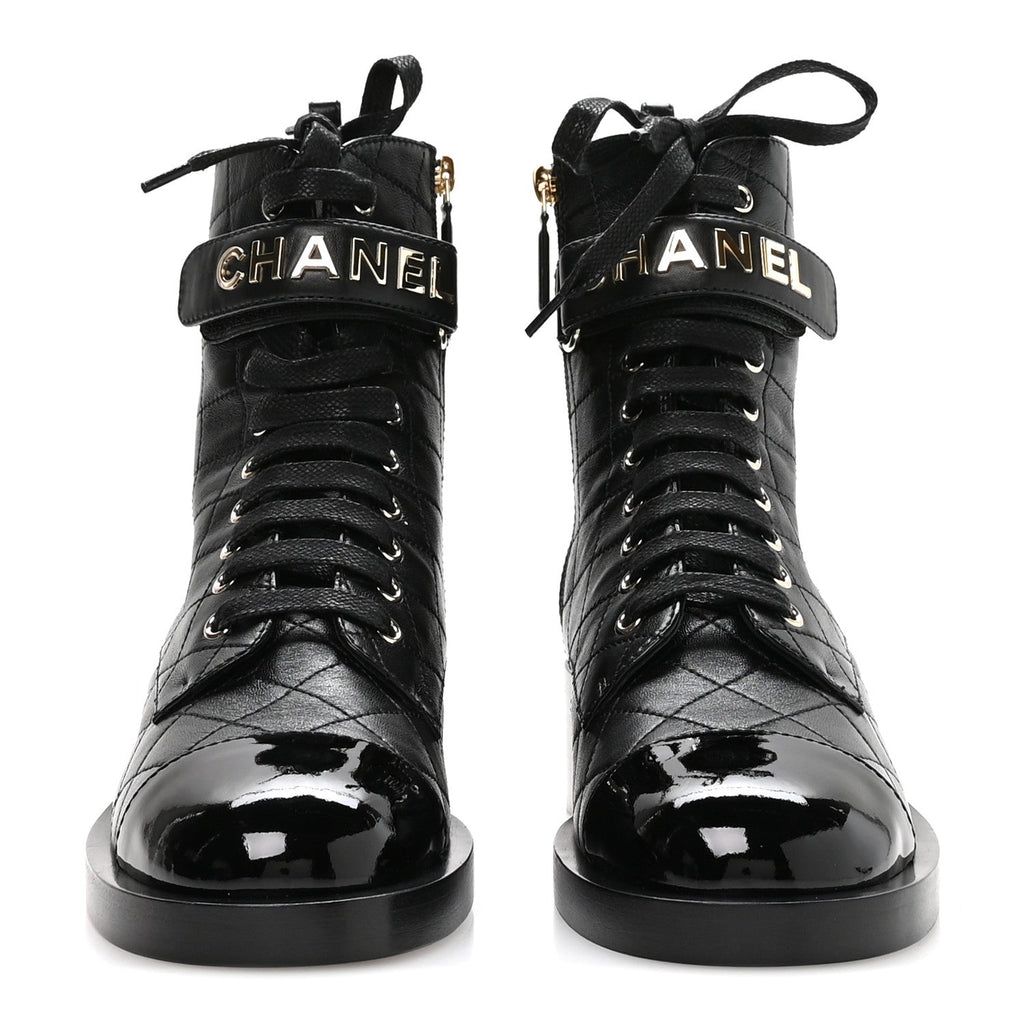 Lambskin Patent Calfskin Quilted Logo Lace Up Combat Boots 39.5 Black