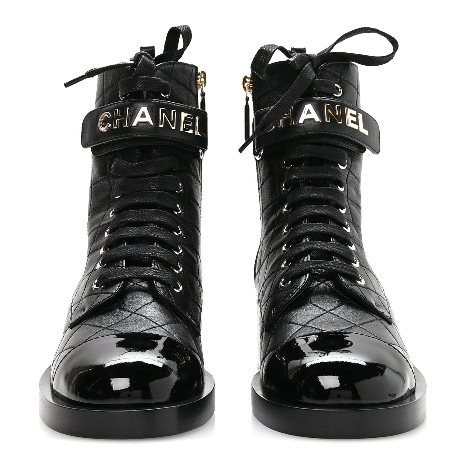 Lambskin Patent Calfskin Quilted Logo Lace Up Combat Boots 39.5 Black