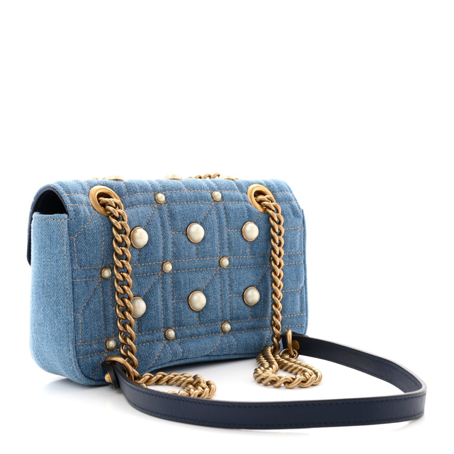 Gucci Denim Matelasse Pearl Studded Mini GG Marmont Shoulder Bag Blue