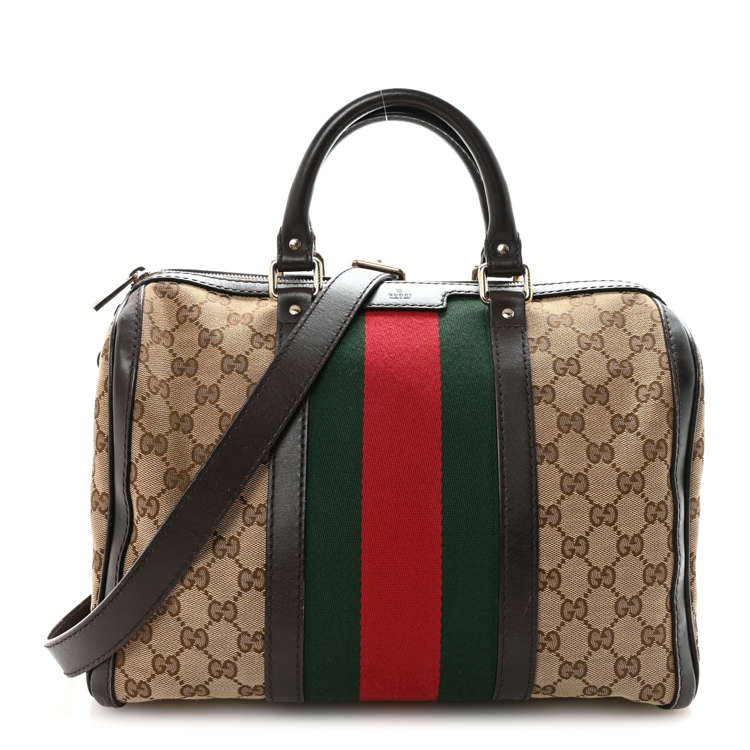 Gucci Monogram Selleria Calfskin Vintage Web Medium Boston Beige Ebony Cocoa