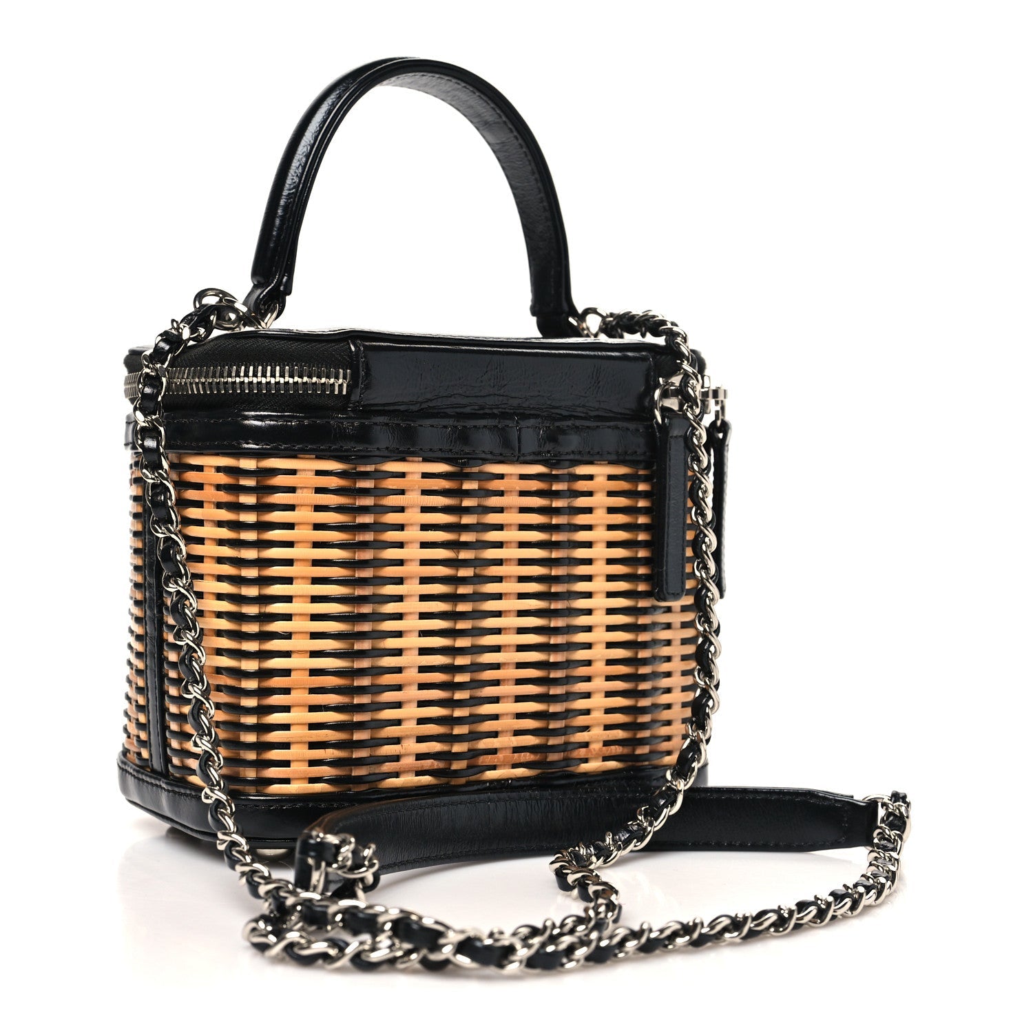 Chanel Calfskin Raffia Small Vanity Case Bag Black Beige