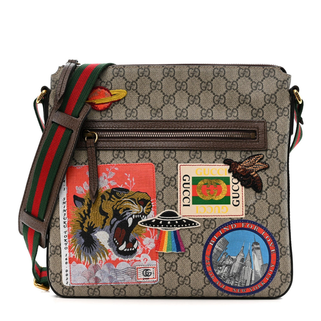 Gucci Soft GG Supreme Monogram Courrier Web Medium Flat Messenger Bag Beige New Acero Multicolor