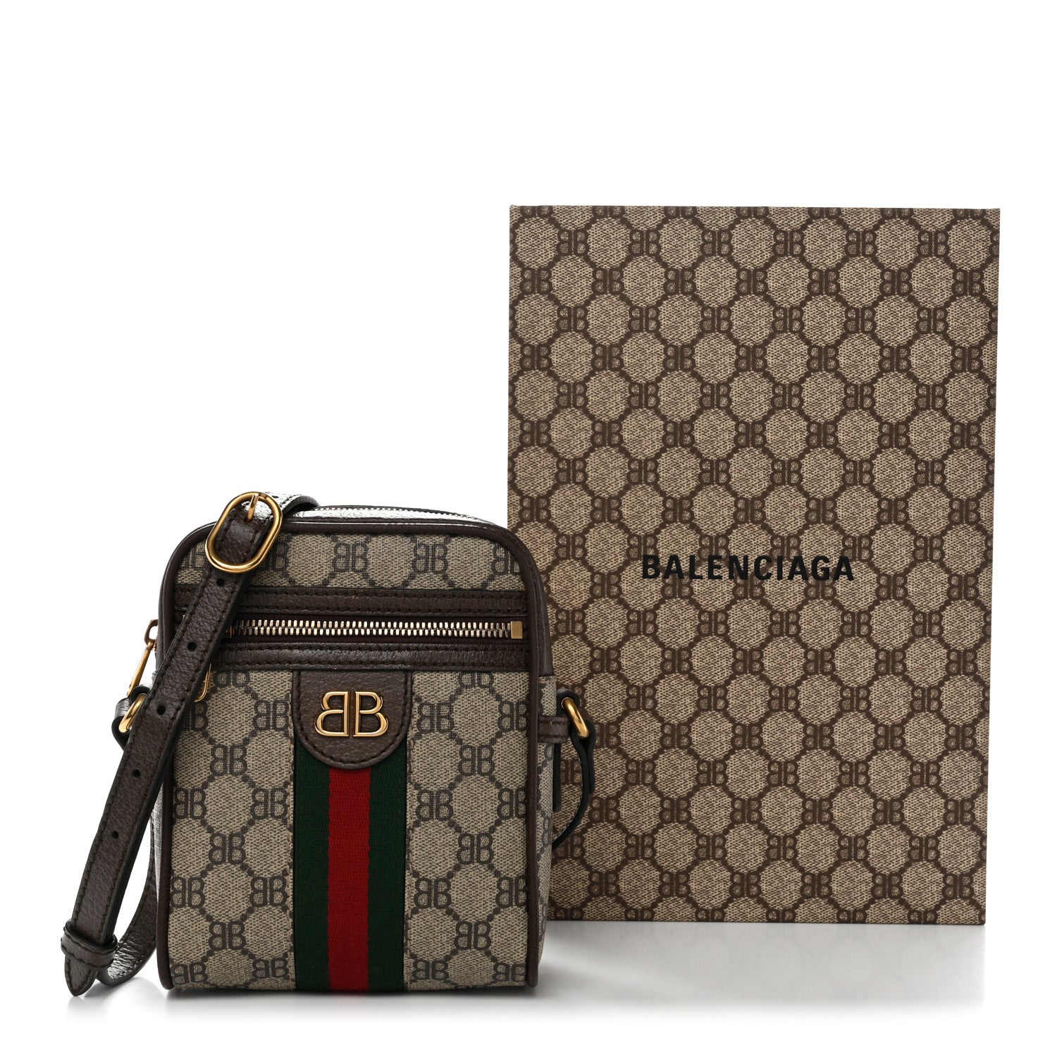 Gucci X BALENCIAGA BB Supreme Monogram Web Mini Ophidia Messenger Beige New Acero