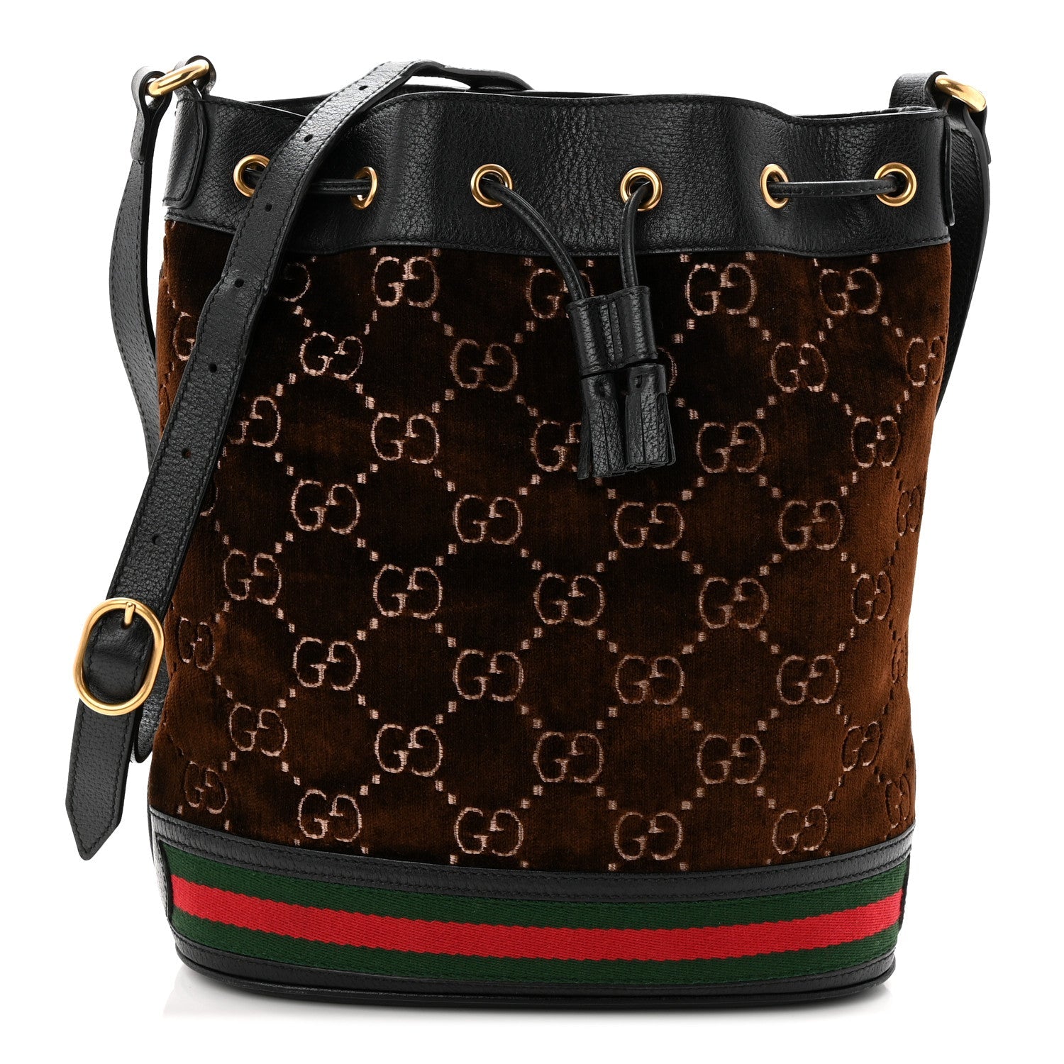 Gucci Velvet GG Monogram Textured Calfskin Web Bucket Bag Brown Black