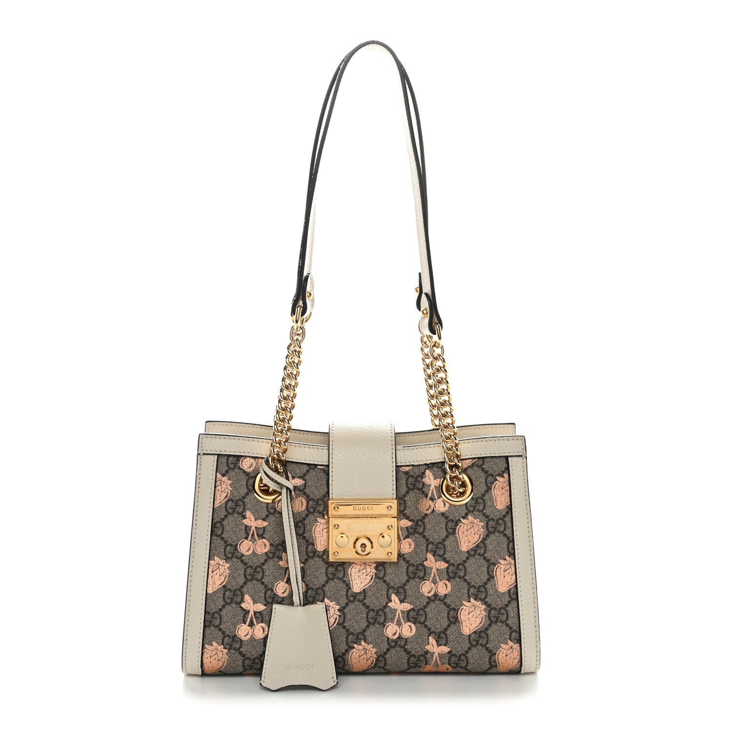 Gucci GG Supreme Monogram Berry Textured Dollar Calfskin Small Padlock Tote Beige Ebony Light Copper Mystic White