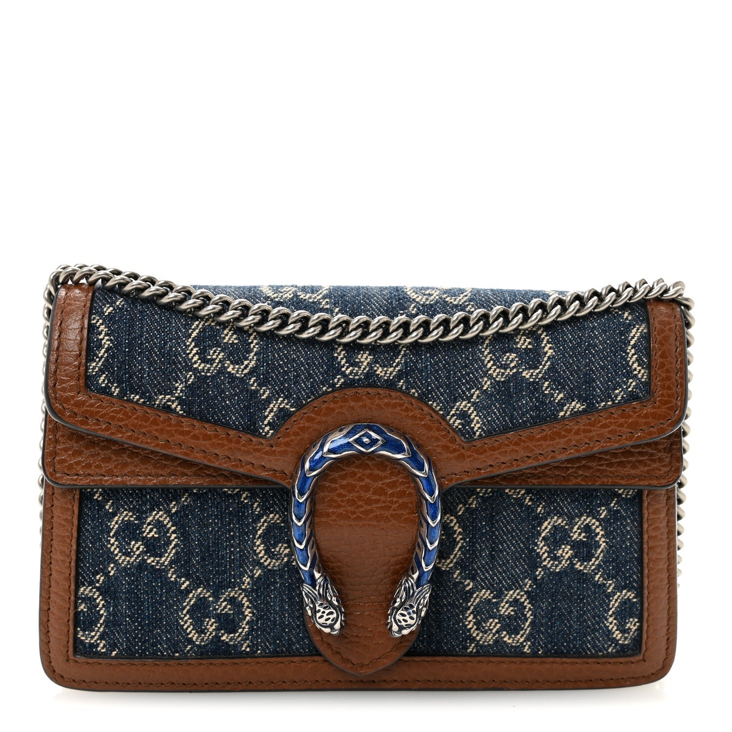 Gucci New Denim GG Monogram Dollar Calfskin Enamel Super Mini Dionysus Shoulder Bag Blue Tea Cuir Epilog Electric Blue