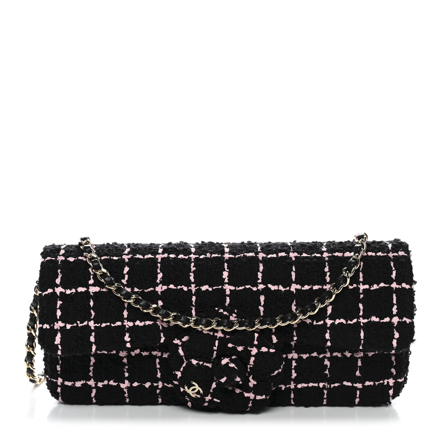 Chanel Tweed Quilted East West Camellia Clutch Black Pink